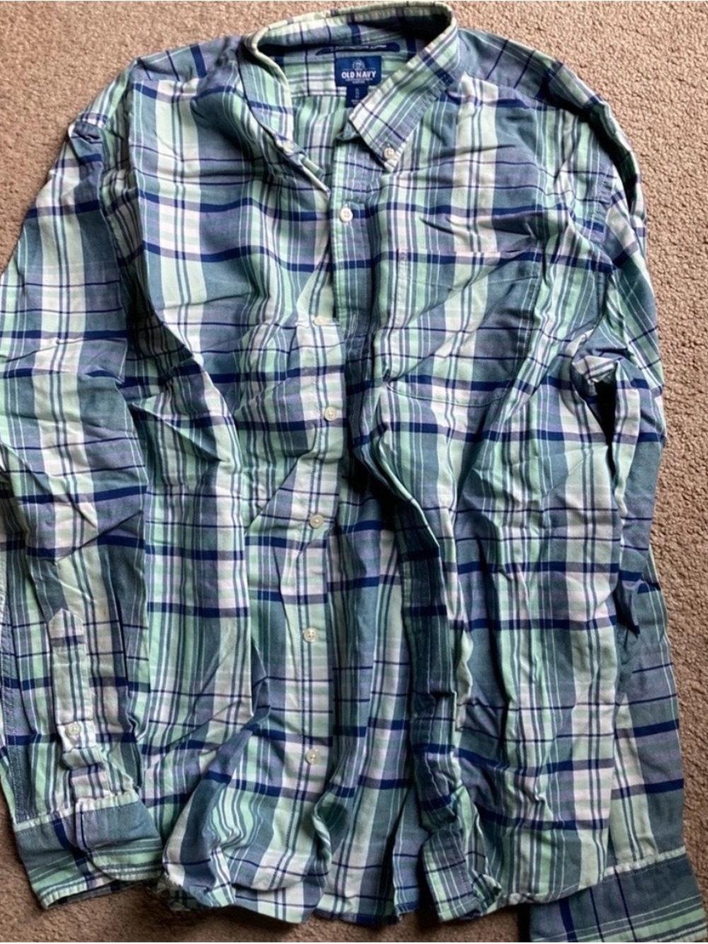 Old Navy Blue and Green Plaid Button-Up Shirt